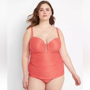 Lane Bryant Swim by Cacique Coral‎ Dot Underwire Tankini Brief Set 38DD 14